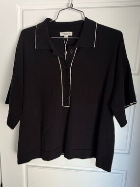 NWT Max Studio Black Polo Knit Top with White Contrast Trim